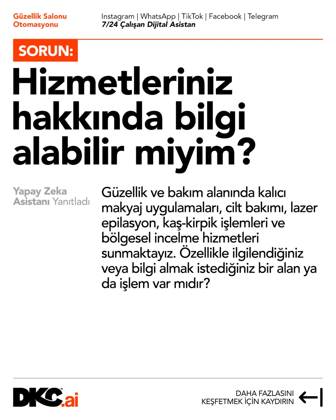 Müşterinin sorusu ve asistanın hizmetleri anlatan yanıtı